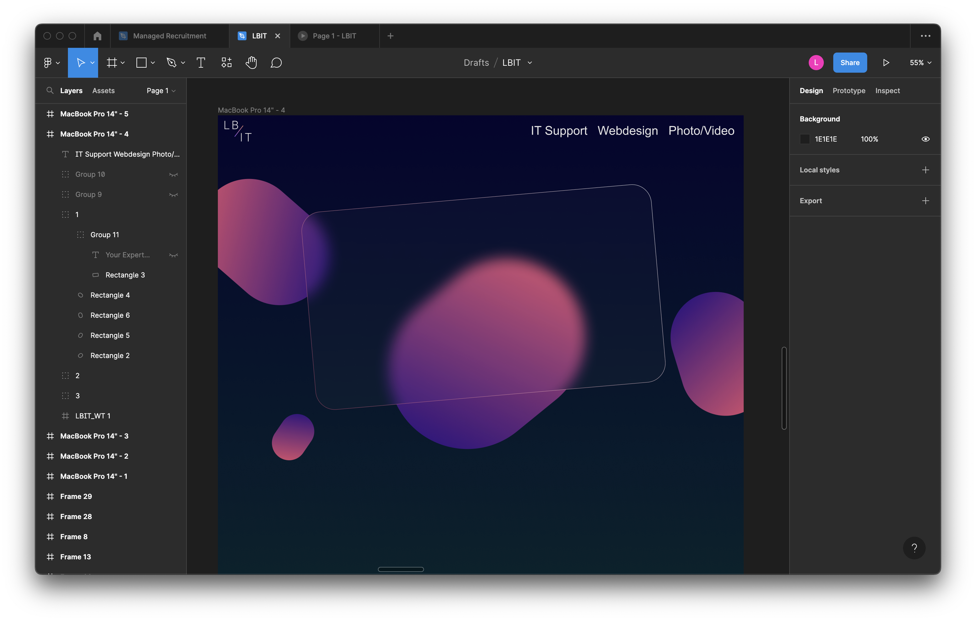 Figma used as Designer Software to plan the website of the customer