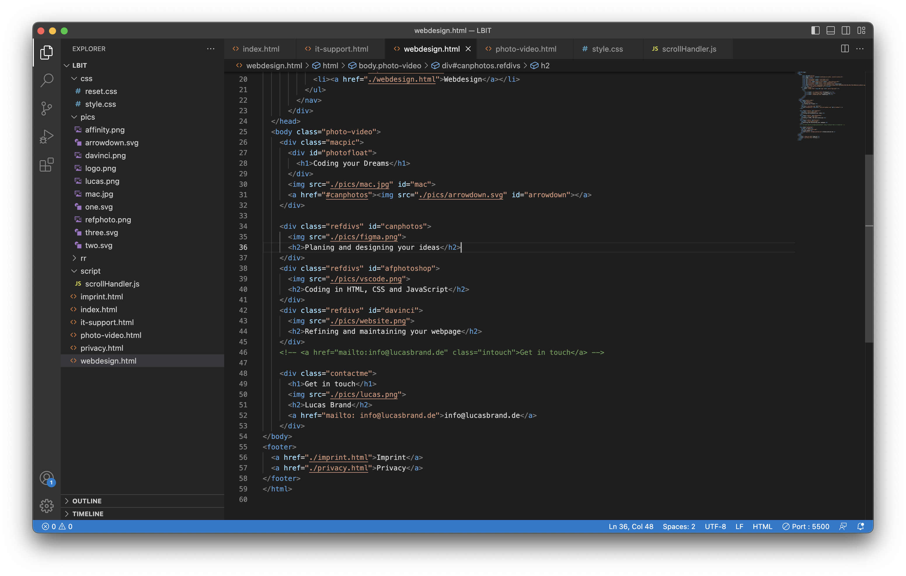 Visual Studio code with HTML and CSS code that is used to realize the customers website